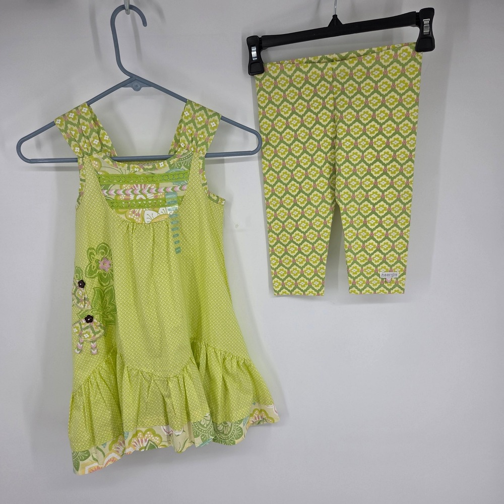 NWT Naartjie Kids Girls Lime Green Floral Tunic Dress  Leggings Set Size 5 Years